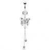 Piercing nombril en acier chirurgical long pendentif motif papillon cristal de couleur blanc