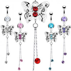 Piercing nombril en acier chirurgical long pendentif motif papillon cristal de couleur