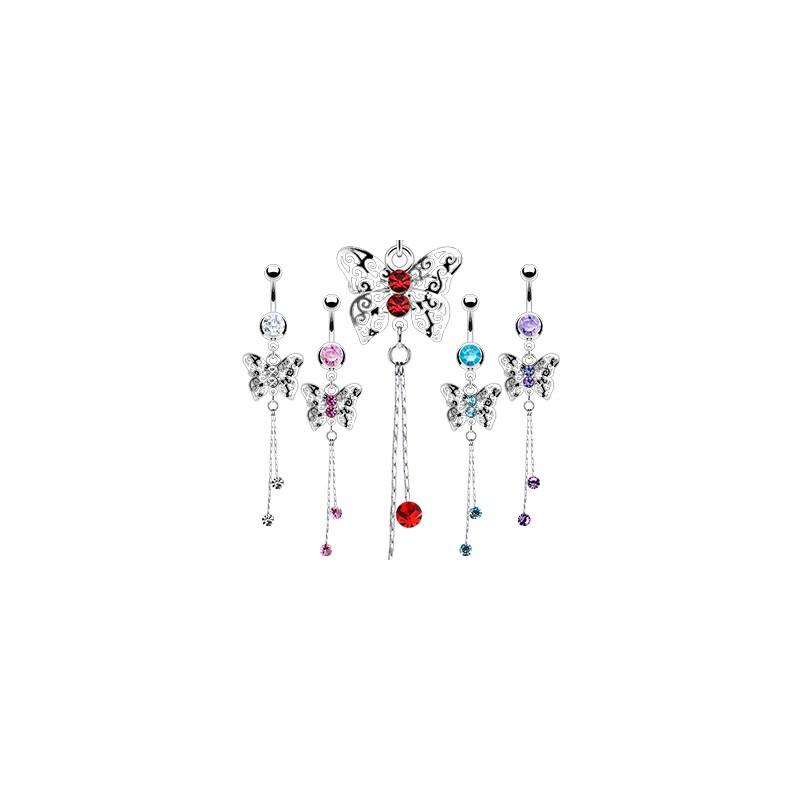 Piercing nombril en acier chirurgical long pendentif motif papillon cristal de couleur