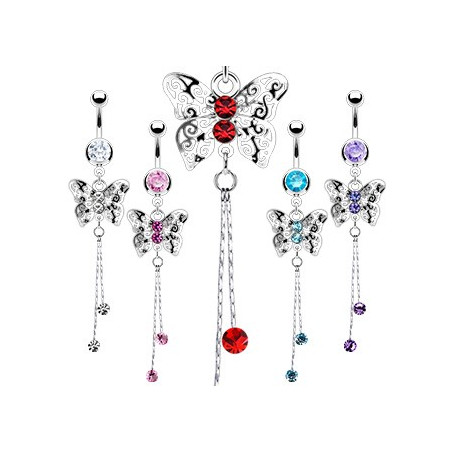 Piercing nombril en acier chirurgical long pendentif motif papillon cristal de couleur