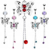 Piercing nombril en acier chirurgical long pendentif motif papillon cristal de couleur