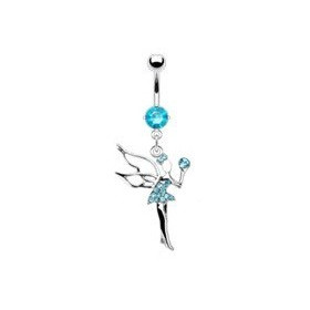 Piercing nombril en acier chirurgical haute qualité pendentif fée clochette cristal bleu turquoise