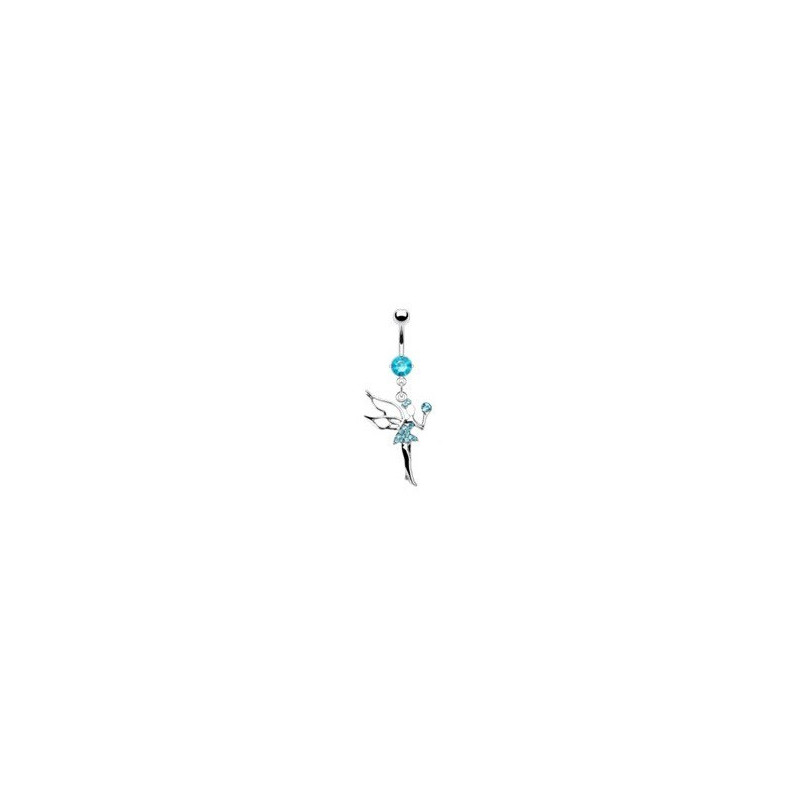 Piercing nombril en acier chirurgical haute qualité pendentif fée clochette cristal bleu turquoise