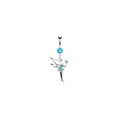 Piercing nombril en acier chirurgical haute qualité pendentif fée clochette cristal bleu turquoise