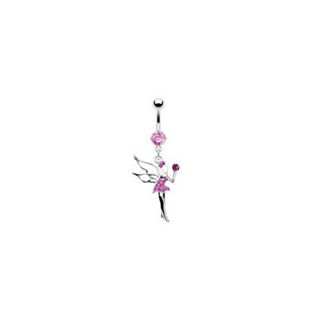 Piercing nombril en acier chirurgical haute qualité pendentif fée clochette cristal rose