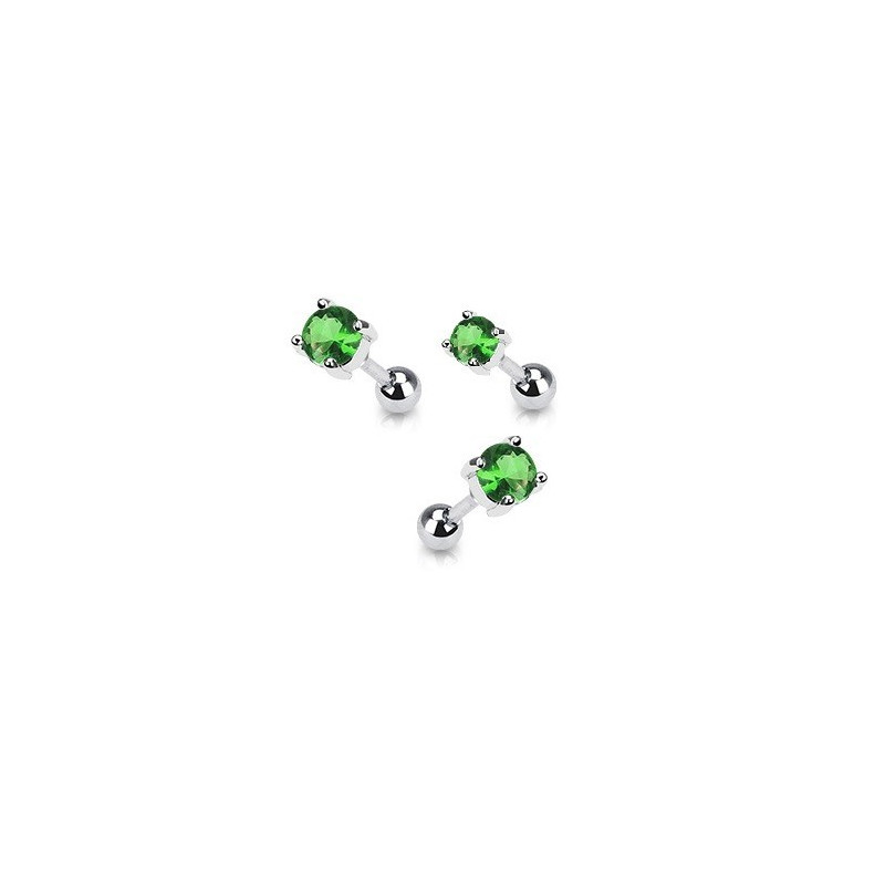 Piercing oreille en acier chirurgical motif cristal rond oxyde zirconium couleur vert solitaite pour piercing tragus et hélix