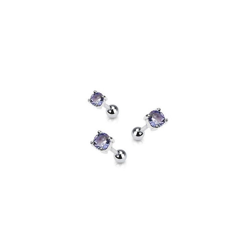 Piercing oreille en acier chirurgical motif cristal rond oxyde zirconium couleur violet solitaite pour piercing tragus et hélix