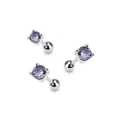 Piercing oreille en acier chirurgical motif cristal rond oxyde zirconium couleur violet solitaite pour piercing tragus et hélix