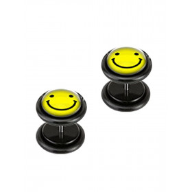 Piercing oreille faux plug noir logo smiley jaune pas cher