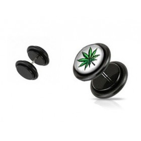 Piercing oreille faux plug noir logo rasta feuille de cannabis pas cher