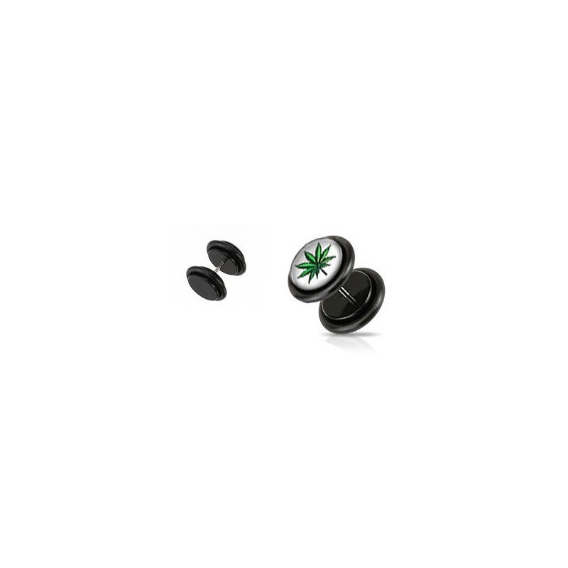 Piercing oreille faux plug noir logo rasta feuille de cannabis pas cher