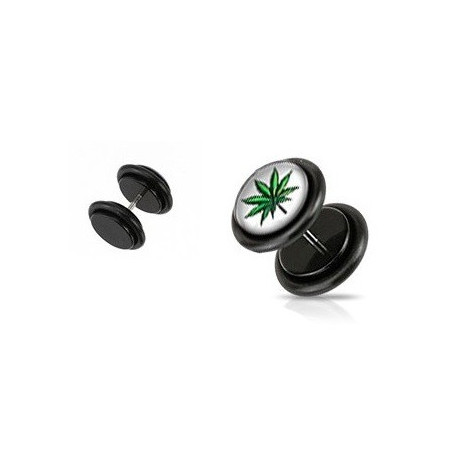 Piercing oreille faux plug noir logo rasta feuille de cannabis pas cher