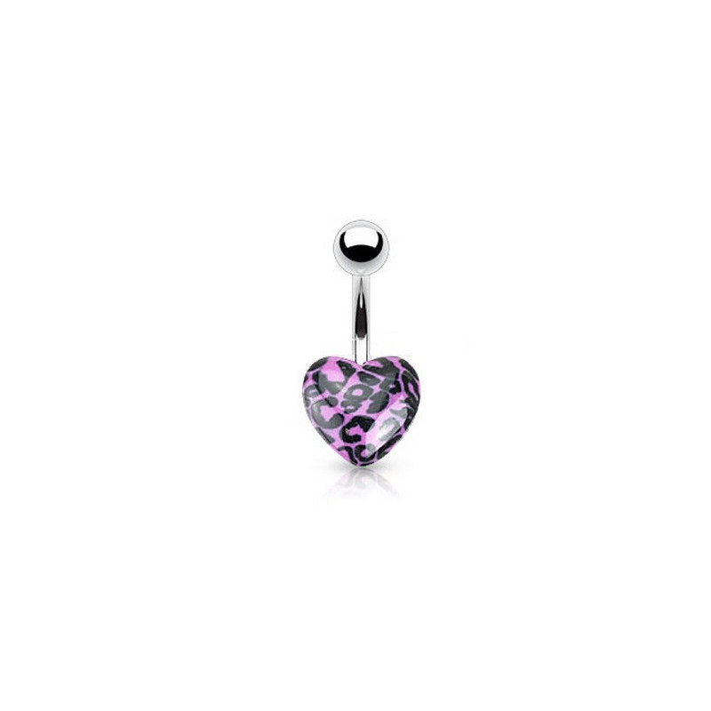 Piercing nombril coeur acrylique fluo de couleur violet motif léopard pas cher