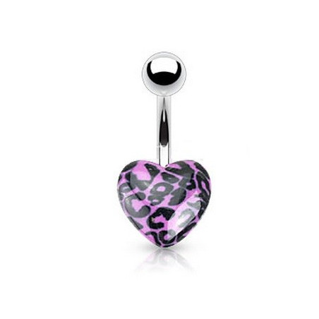 Piercing nombril coeur acrylique fluo de couleur violet motif léopard pas cher