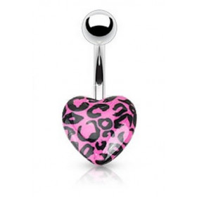 Piercing nombril coeur acrylique fluo de couleur rose motif léopard pas cher