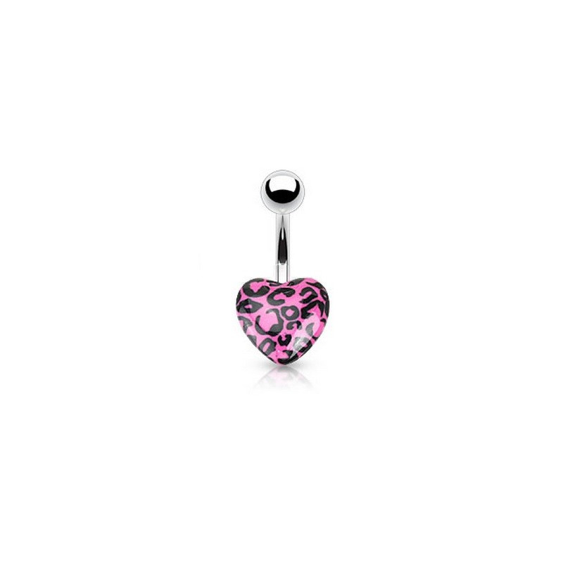 Piercing nombril coeur acrylique fluo de couleur rose motif léopard pas cher