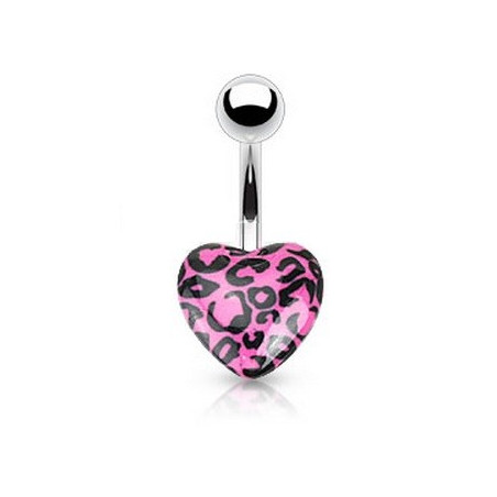 Piercing nombril coeur acrylique fluo de couleur rose motif léopard pas cher