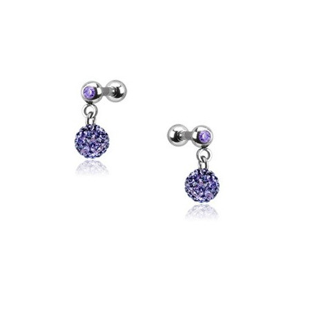 Piercing oreille acier chirurgical pendentif bille multi strass couleur violet pas cher