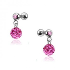 Piercing oreille acier chirurgical pendentif bille multi strass couleur rose pas cher