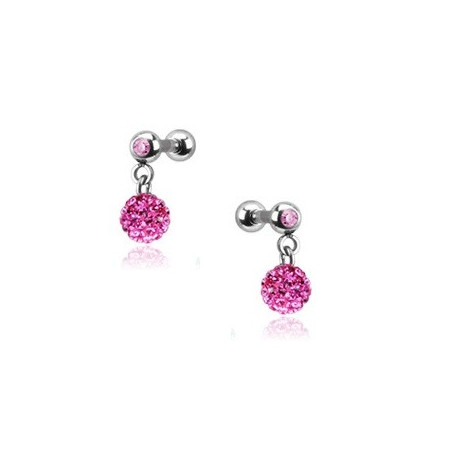 Piercing oreille acier chirurgical pendentif bille multi strass couleur rose pas cher