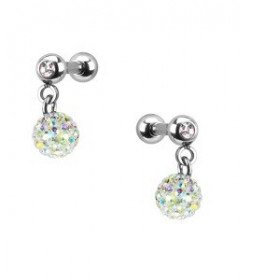 Piercing oreille acier chirurgical pendentif bille multi strass couleur blanc irisé pas cher