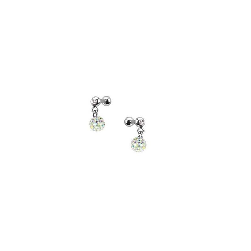 Piercing oreille acier chirurgical pendentif bille multi strass couleur blanc irisé pas cher