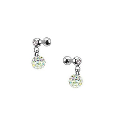 Piercing oreille acier chirurgical pendentif bille multi strass couleur blanc irisé pas cher