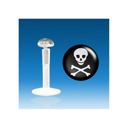 Piercing labret barre en bioflex teflon embout en argent massif avec logo skull tête de mort noir