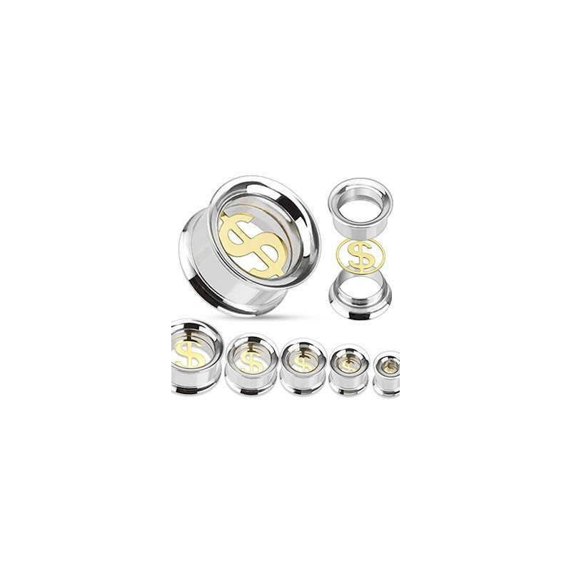 piercing ecarteur Plug tunnel Dollar US en acier chirurgical couleur acier et or