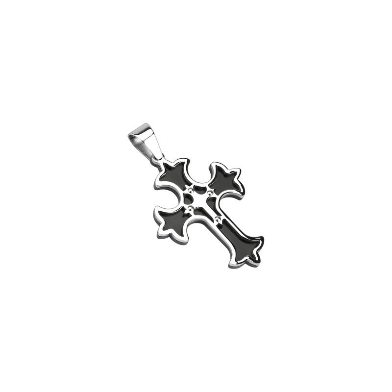 Pendentif motif croix gothique médiéval en acier inoxydable de couleur noir