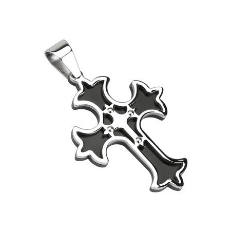 Pendentif motif croix gothique médiéval en acier inoxydable de couleur noir