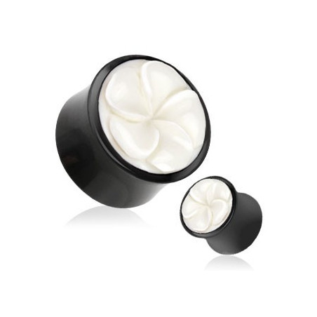 Piercing plug ecarteur en corne et os de buffle motif rose couleur blanc et noir