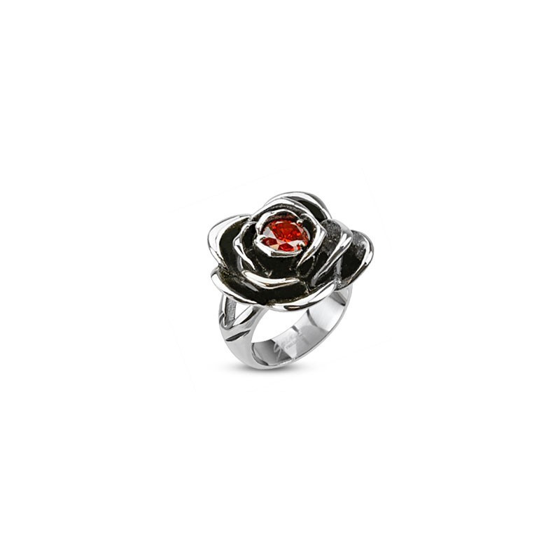 Bague femme en Acier chirurgical inoxydable motif Rose Pierre rouge