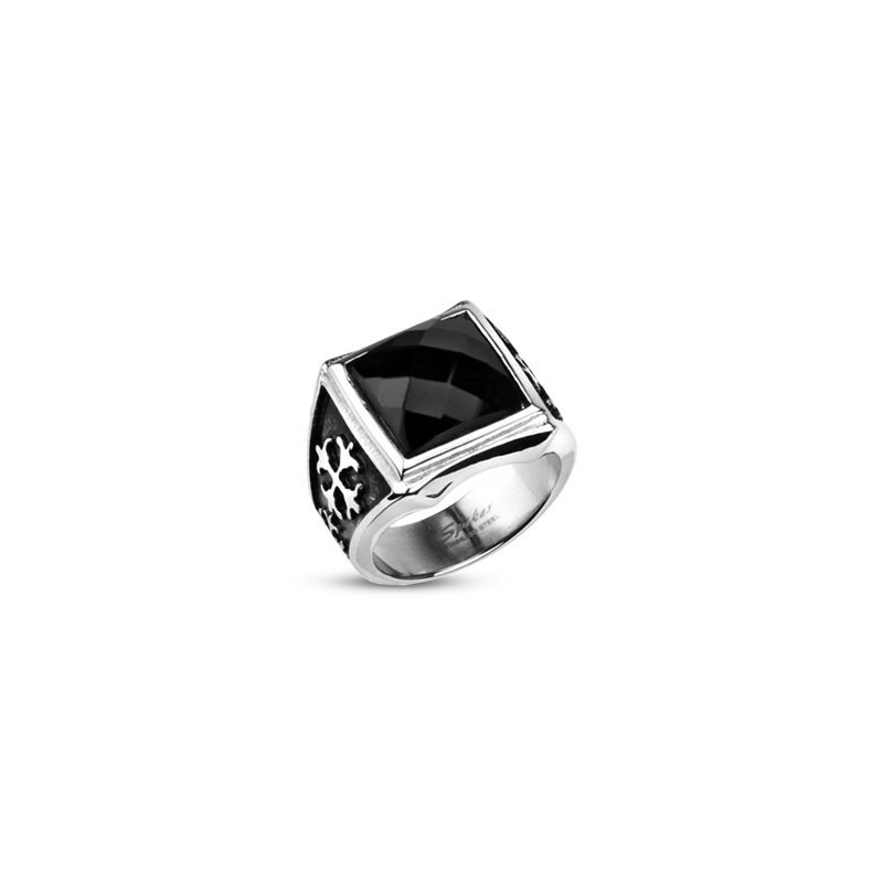 Bague Croix Royale et Onyx acier inoxydable chevalière homme