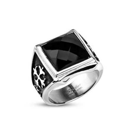 Bague Croix Royale et Onyx acier inoxydable chevalière homme