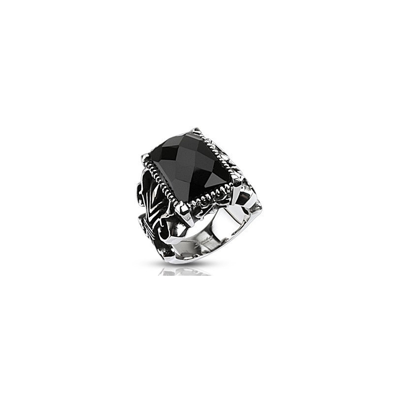 Chevalière fleur de Lys Onyx bague homme en acier inoxydable Chevalière fleur de Lys Onyx bague homme en acier inoxydable
