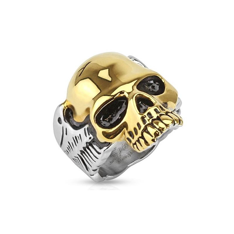 Bague homme tête de mort aile d'ange Bicker en acier inoxydable couleur or et acier