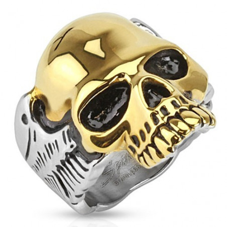 Bague homme tête de mort aile d'ange Bicker en acier inoxydable couleur or et acier