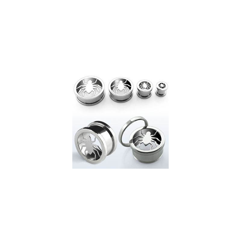 Piercing tunnel écarteur pour oreille motif Araigné couleur acier