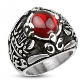 Bague chevaliere homme en Acier chirurgical inoxydable 316L symbole Couronne royale pierre rouge imitation rubis