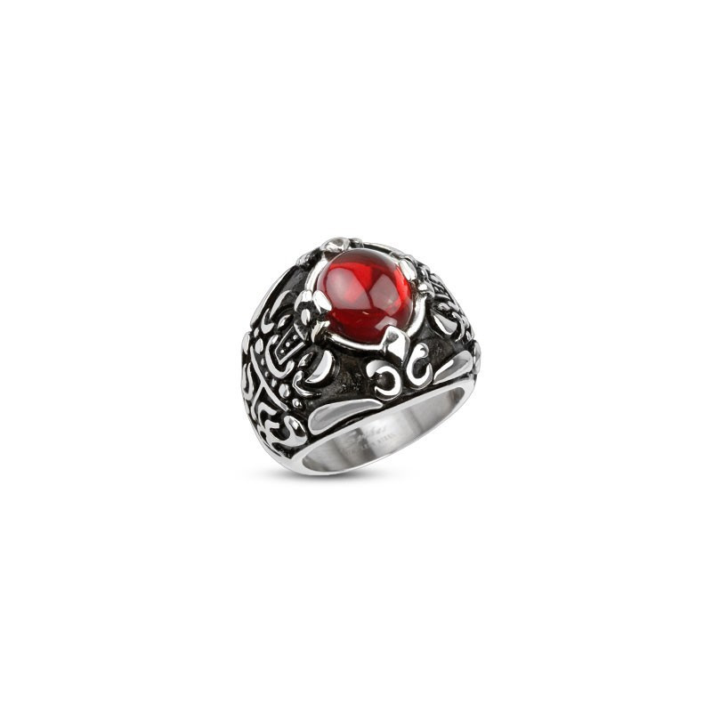 Bague chevaliere homme en Acier chirurgical inoxydable 316L symbole Couronne royale pierre rouge imitation rubis