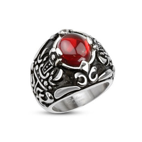 Bague chevaliere homme en Acier chirurgical inoxydable 316L symbole Couronne royale pierre rouge imitation rubis