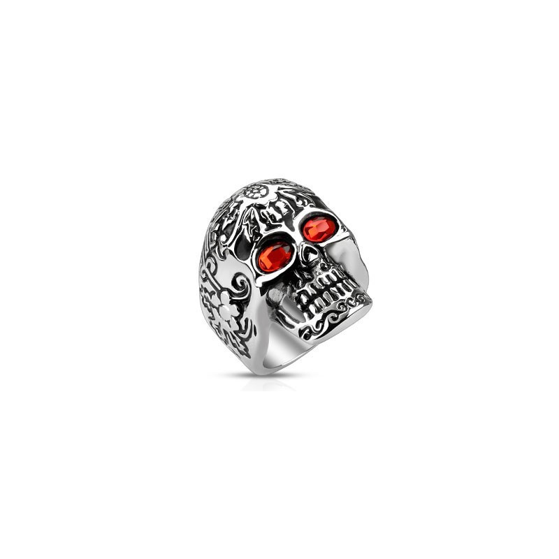 Bague acier inoxydable 316L bicker Tete de mort cristal rouge imitation rubis