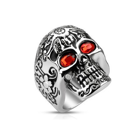 Bague acier inoxydable 316L bicker Tete de mort cristal rouge imitation rubis