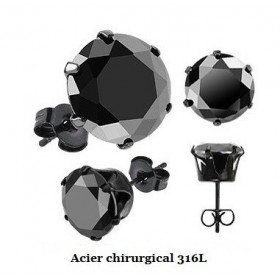 Boucles d'oreille homme acier chirurgical couleur noir cristal noir