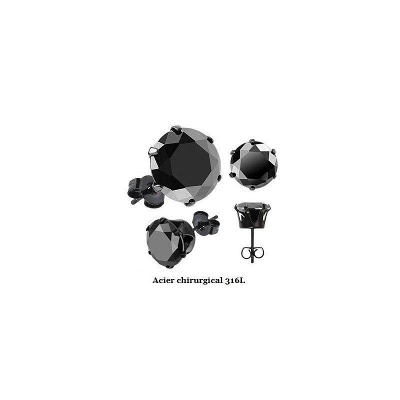 Boucles d'oreille homme acier chirurgical couleur noir cristal noir