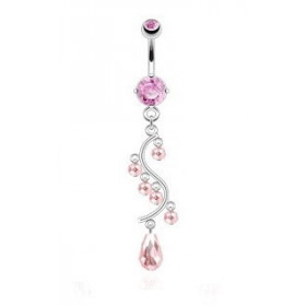 Piercing nombril long pendentif en acier chirurgical chandelier glamour en cristal rose