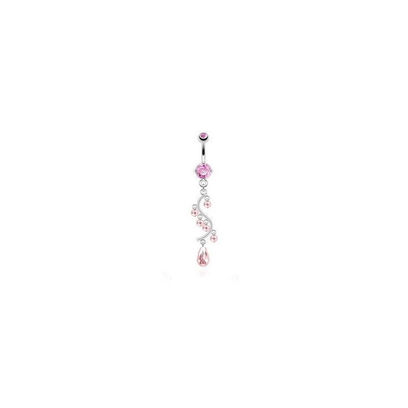 Piercing nombril long pendentif en acier chirurgical chandelier glamour en cristal rose