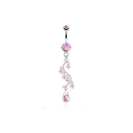 Piercing nombril long pendentif en acier chirurgical chandelier glamour en cristal rose