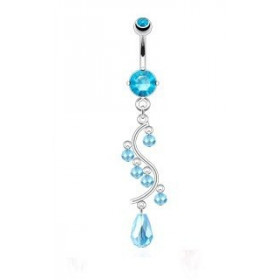 Piercing nombril en acier chirurgical long pendentif chandelier en cristal Bleu turquoise